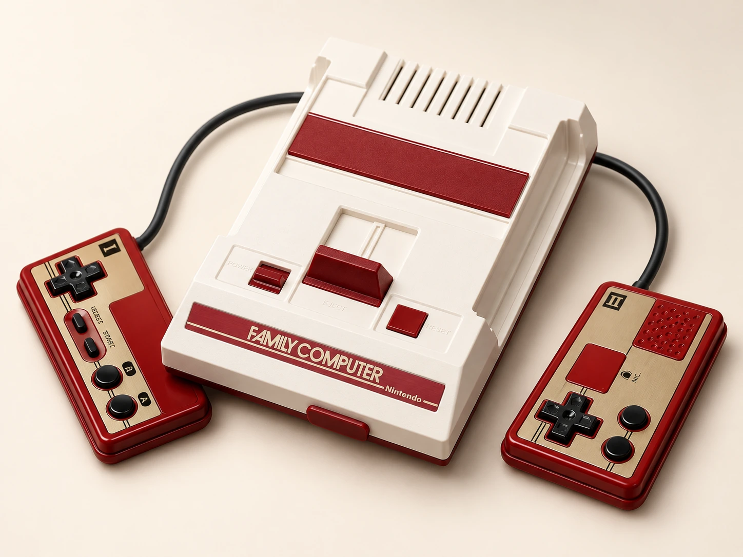 AI-generated studio portrait of Famicom Mini, Japan · original red-and-cream edition.