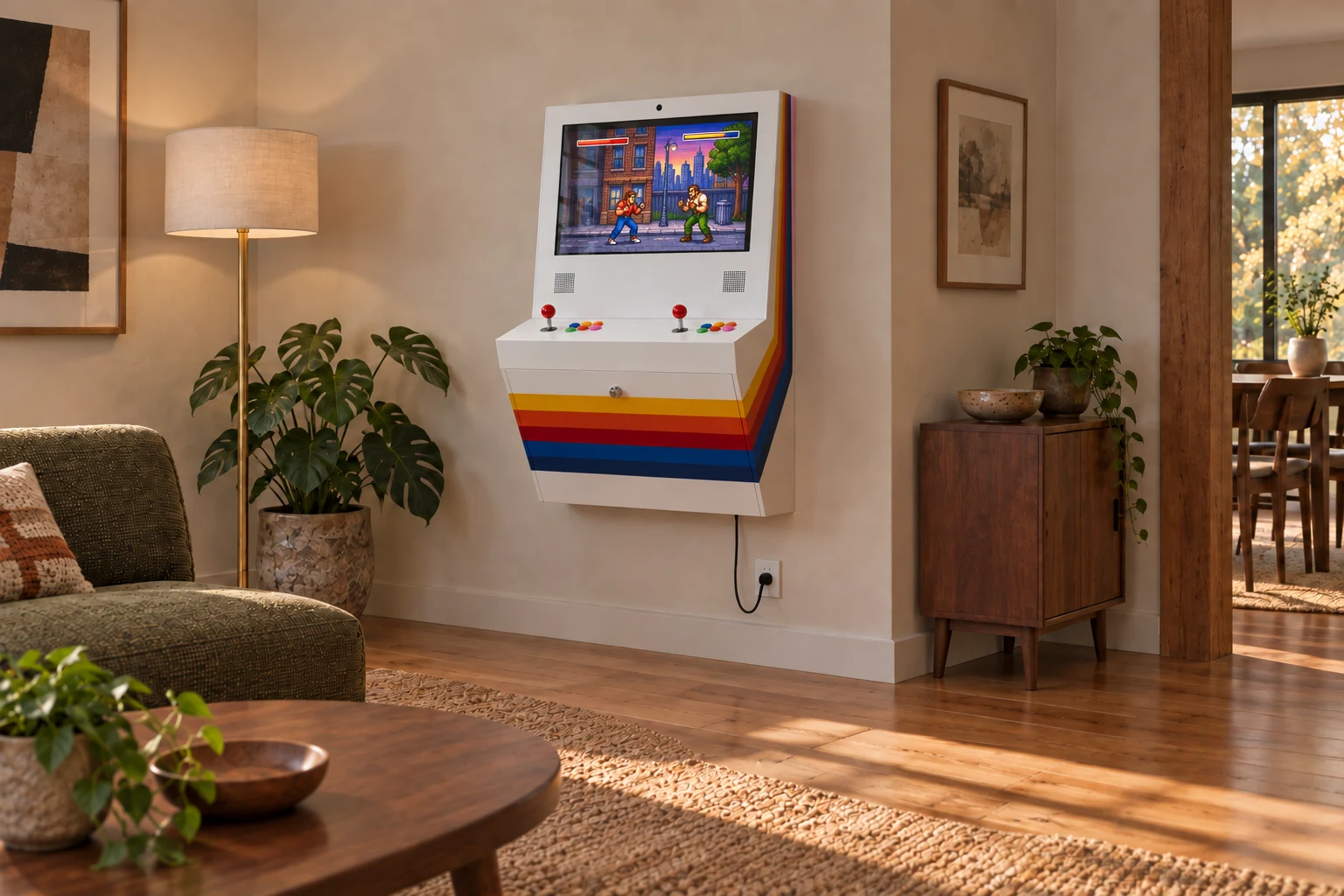 AI-generated interior concept: The same wall arcade with its screen on, built-in controls accessible and the power connection unchanged.
