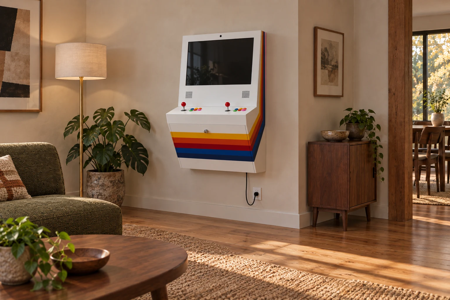 AI-generated interior concept: Polycade Sente on a quiet wall of the same home, screen off and power lead connected to the wall socket.