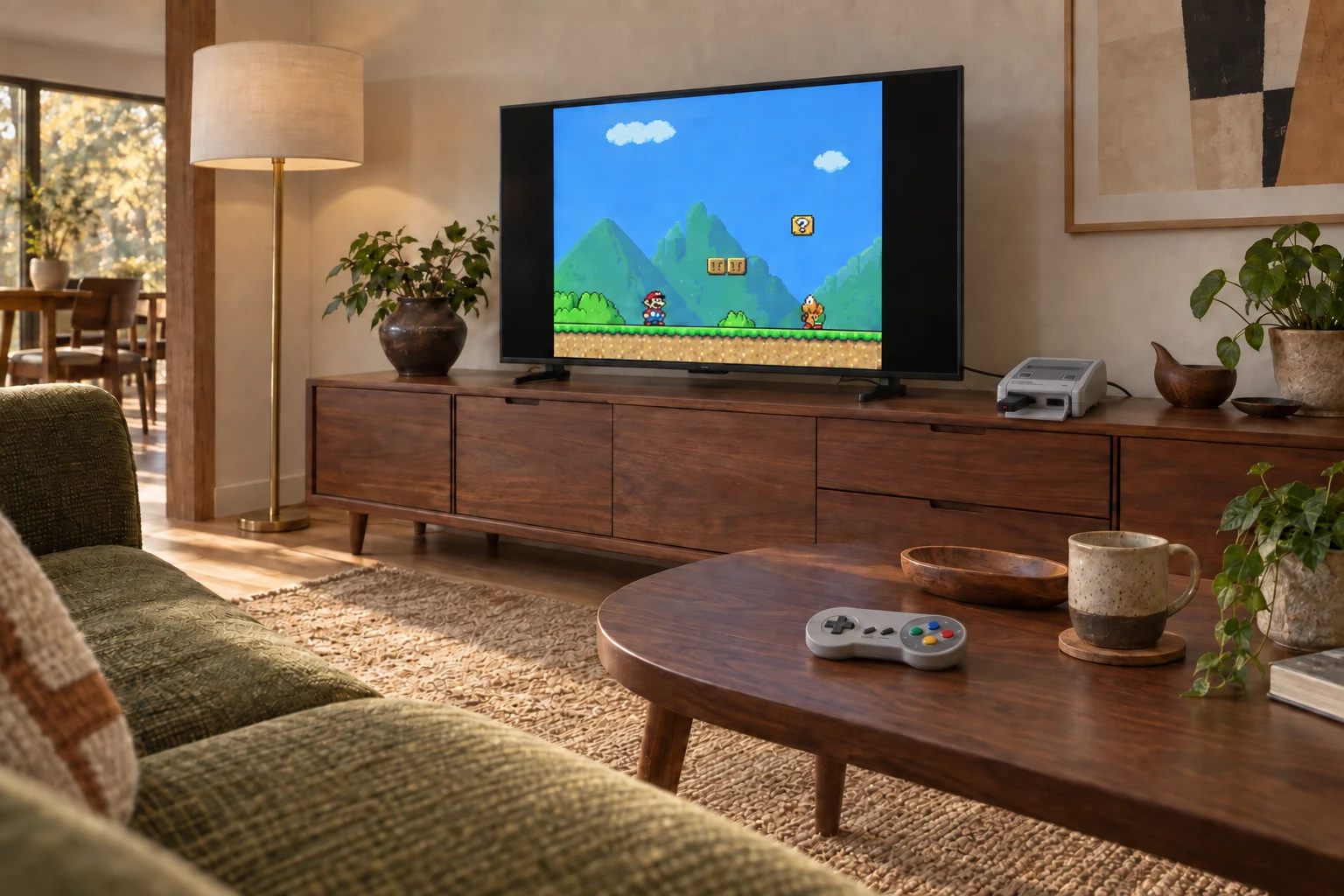 AI-generated interior concept: The same living room with TV on and Nintendo’s wireless Super Famicom controller on the coffee table.