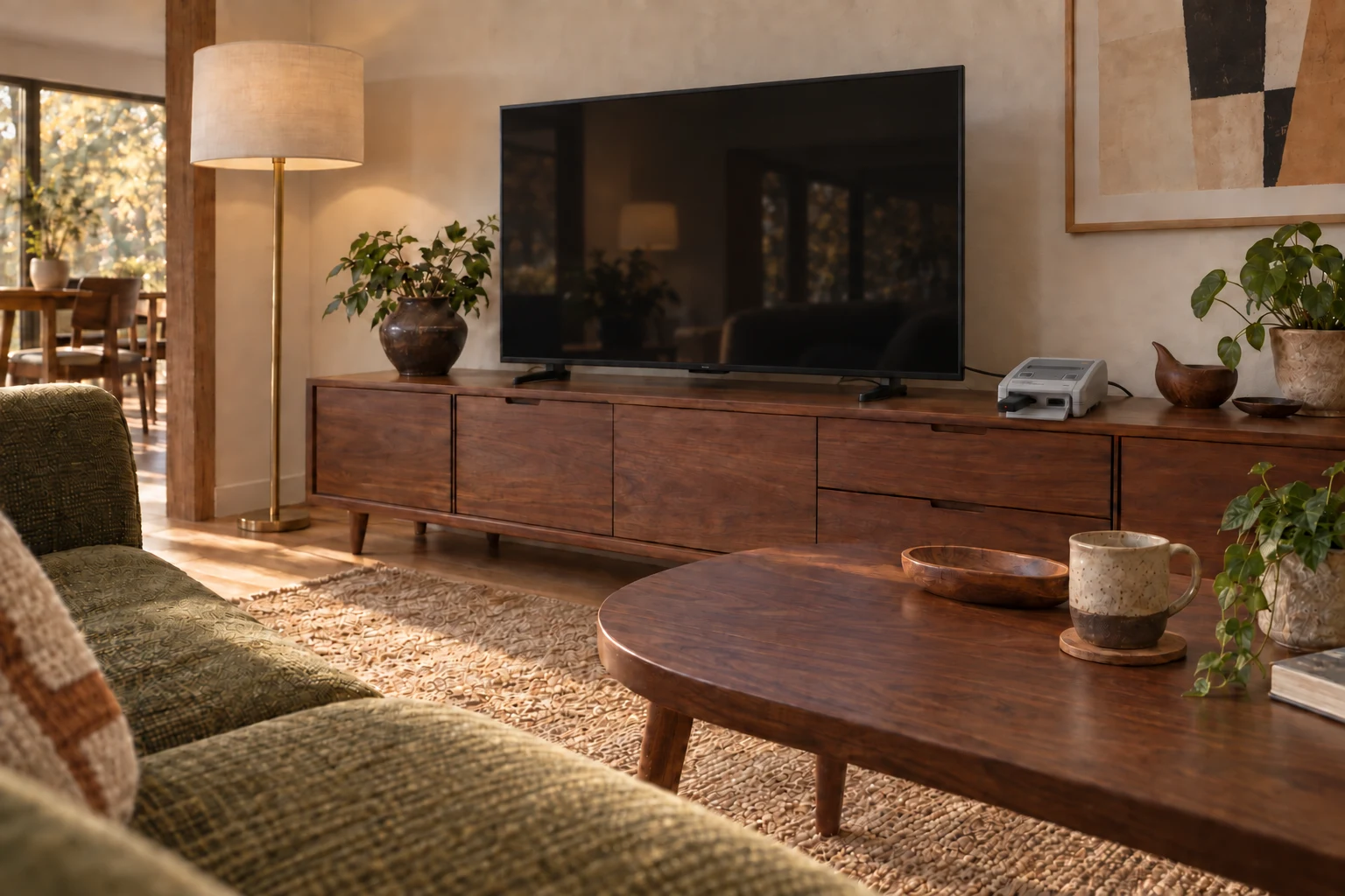 AI-generated mid-century home: Japanese Super Famicom Mini fixed beside the TV, with its wireless receiver connected and controller stored away.