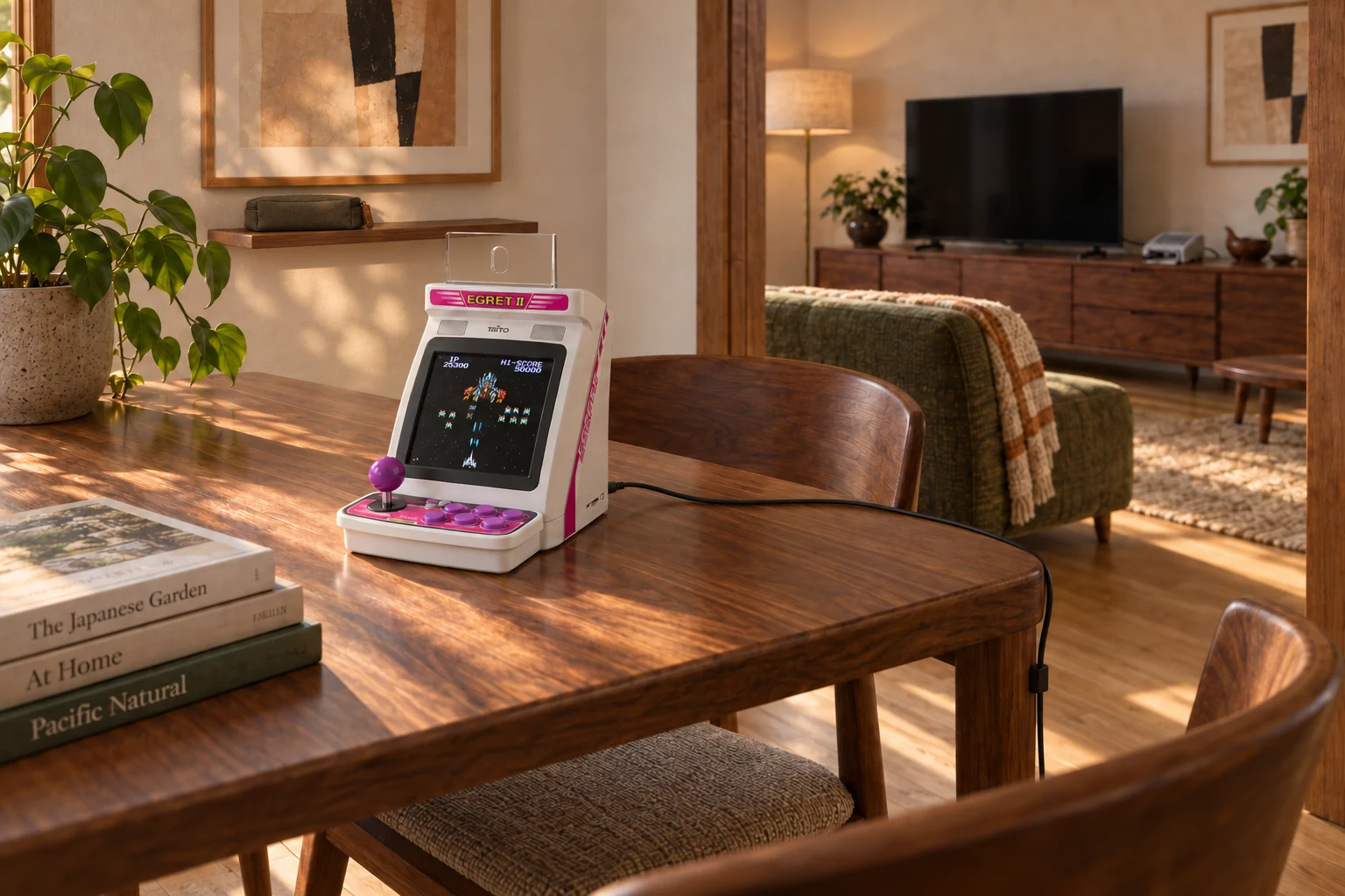 AI-generated interior concept: EGRET II mini on the dining table with its screen on and a continuous power lead routed along the table edge.