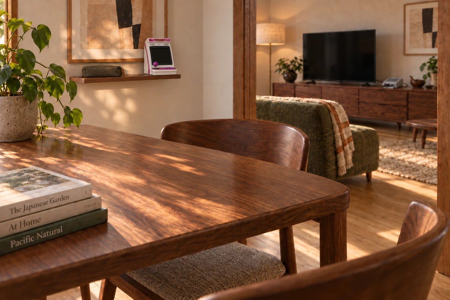 AI-generated interior concept: The adjoining dining nook with EGRET II mini stored on the wall shelf and a clear dining table.
