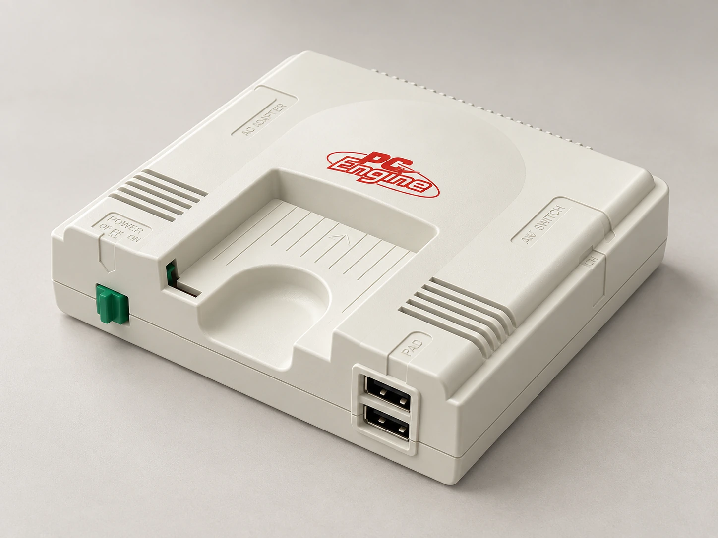 AI-generated studio portrait of PC Engine mini, Japan · white PC Engine shell.