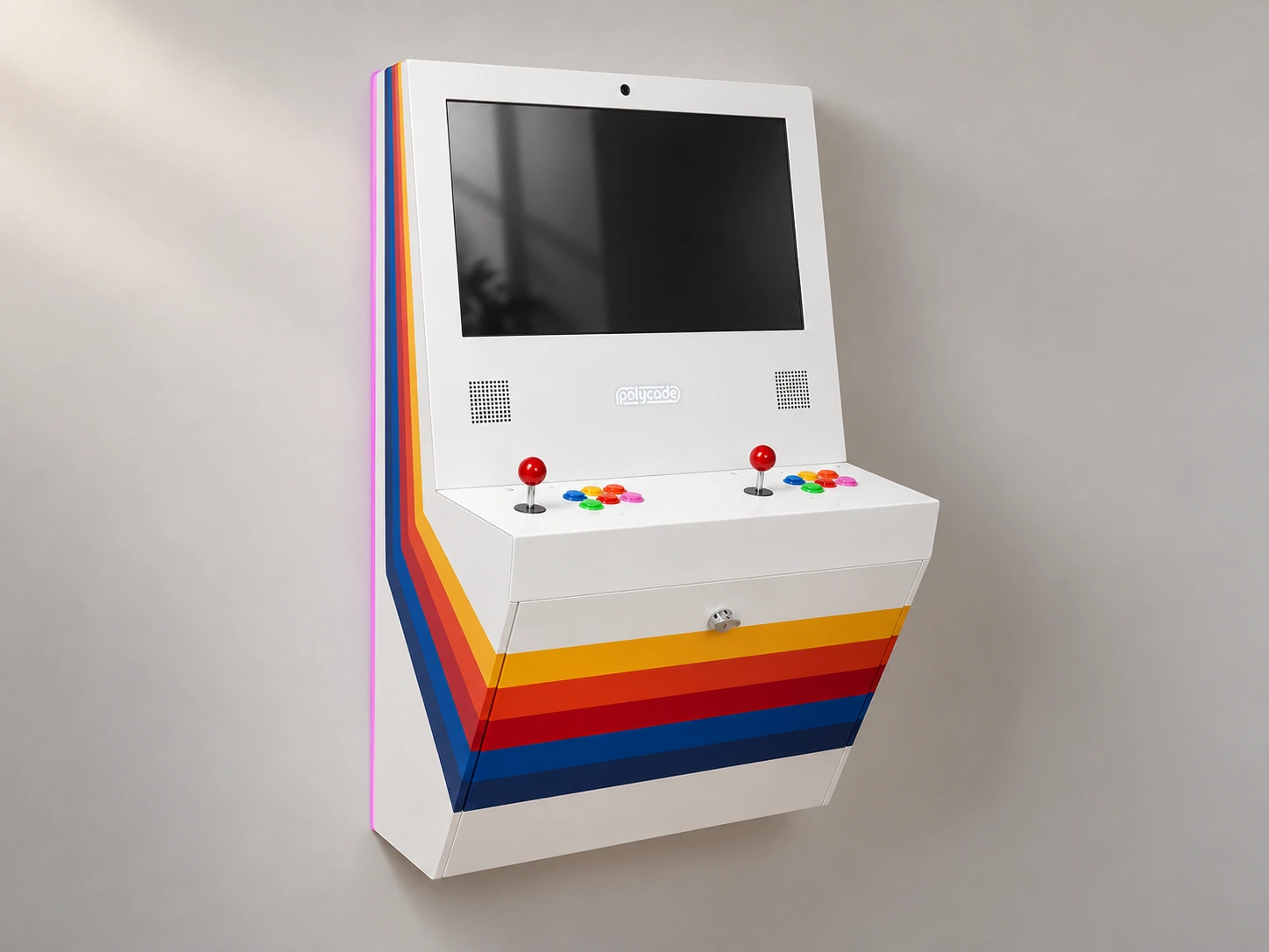 AI-generated studio portrait of Polycade Sente, White+Stripes · base two-player controls.